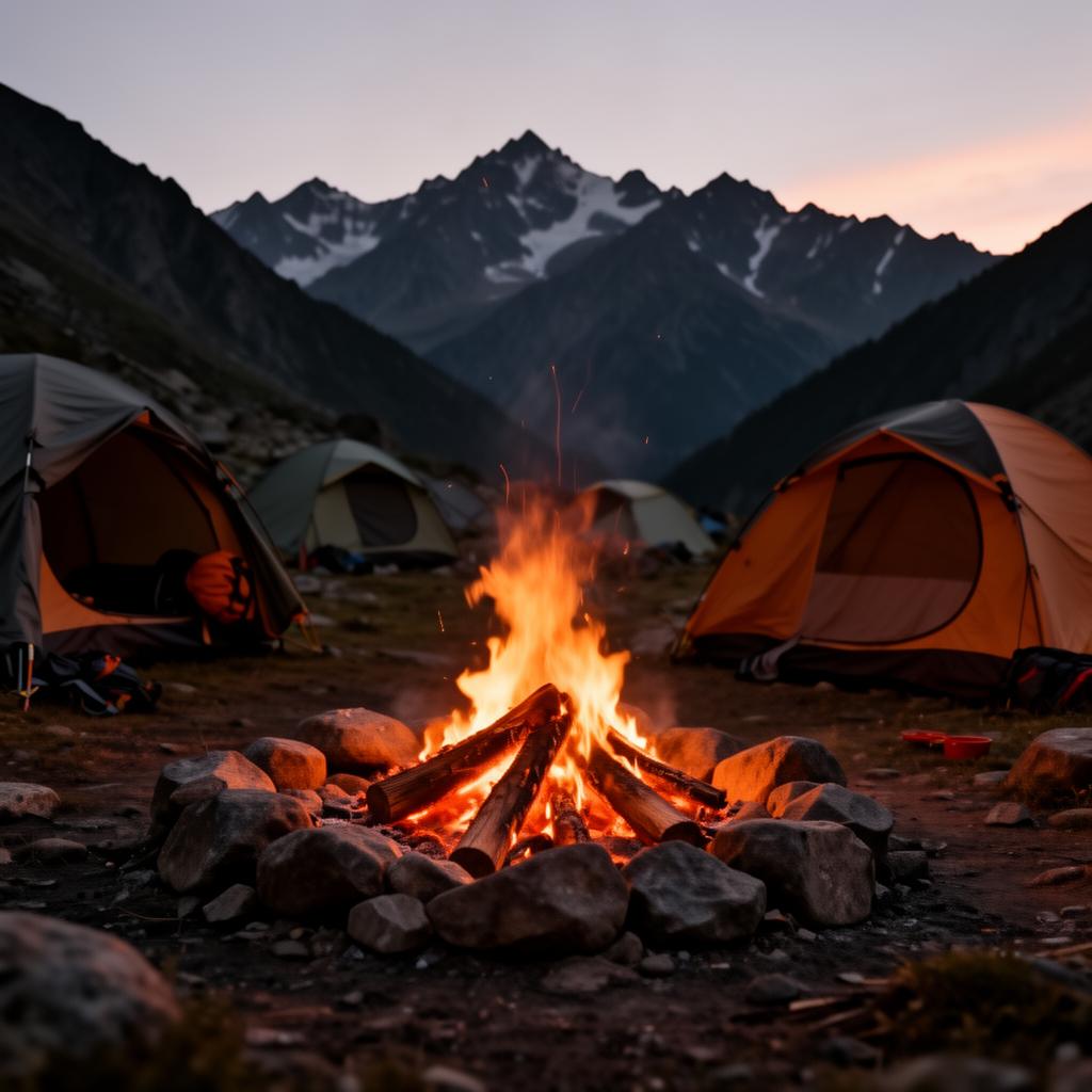 Mountain camp with campfire in the Caucasus